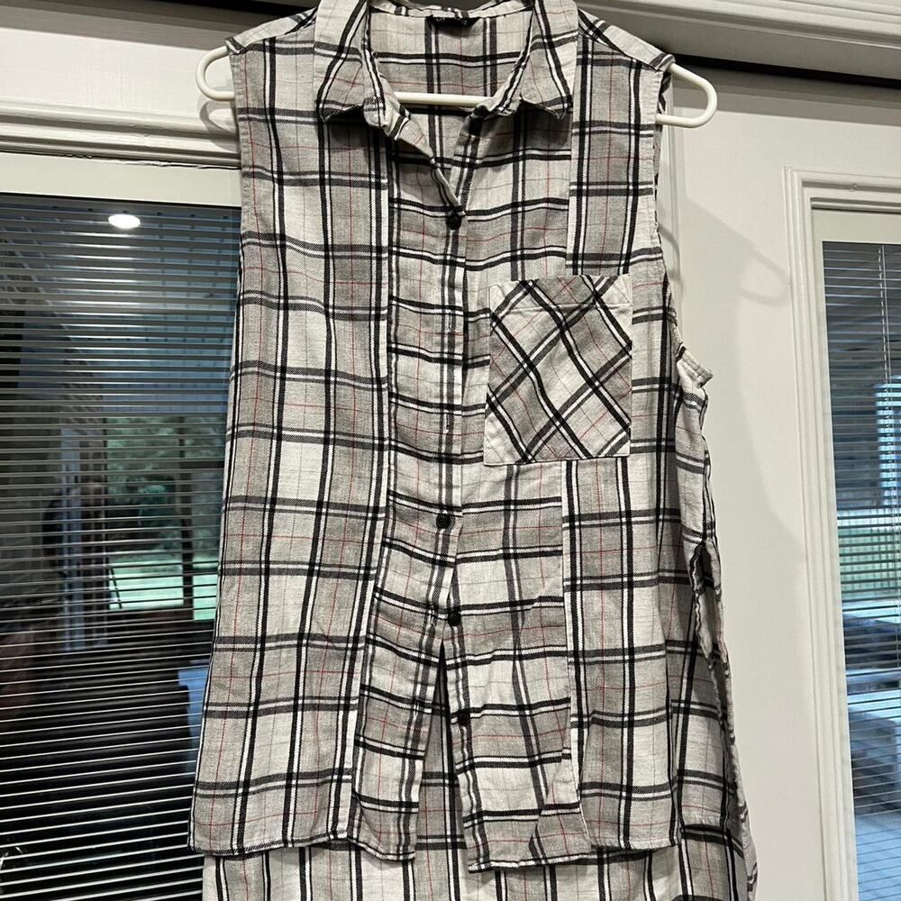Topshop Women's Size 8 Plaid Sleeveless Button Down Shirt Tunic Black Cream